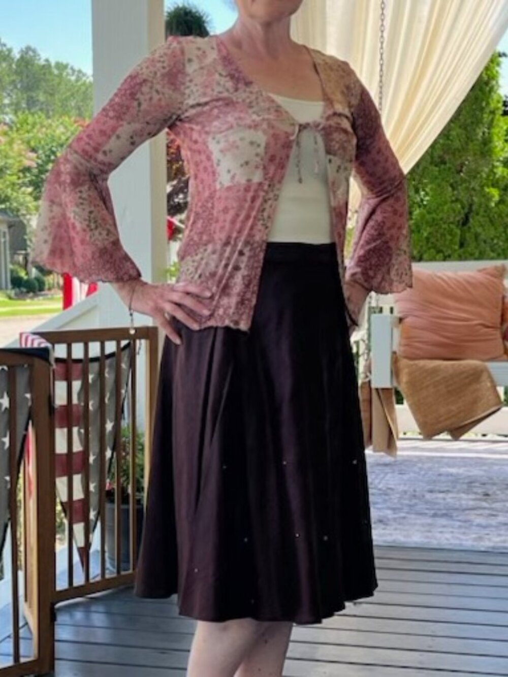 Boho Floral Bell Sleeve Cardigan + Organic Cotton Brown Midi Skirt Set